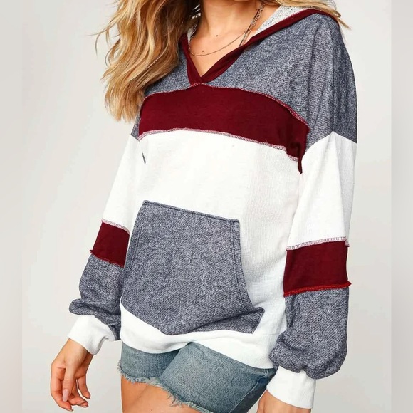 Tops - *Last One* Color Block White/Navy/Burgundy Outseam Detail Hoodie Top, sizes M